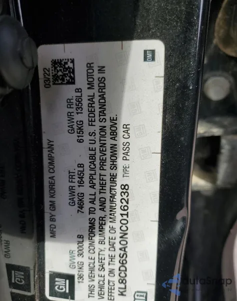 2022 Chevrolet Spark 1Lt z USA, uszkodzony, nr VIN KL8CD6SA0NC016238